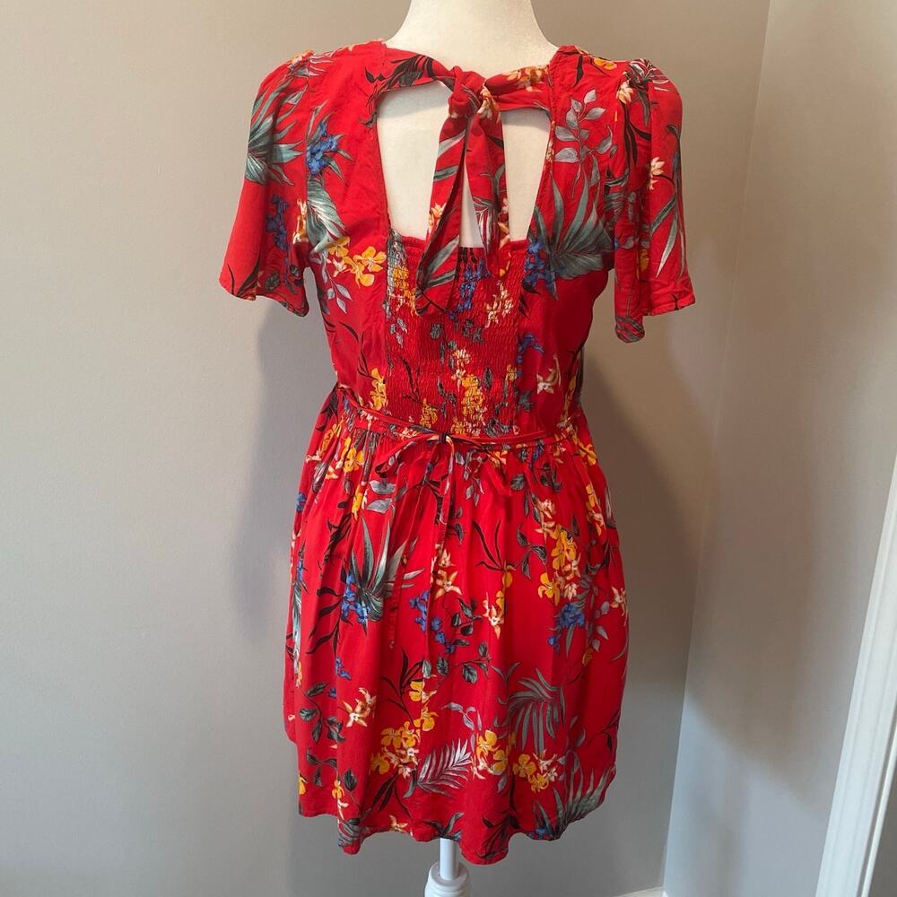 Band of Gypsies Floral Mini Dress Sz M Pockets Short Sleeves Tie Back Red - Picture 2 of 12